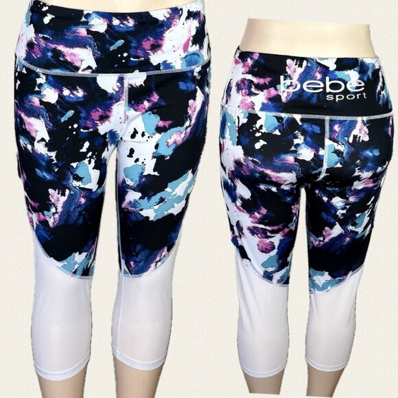 Bebe L White Multicolor Paint Splash Print 4 Way Stretch Mesh Legs Capri Pants - Picture 1 of 6